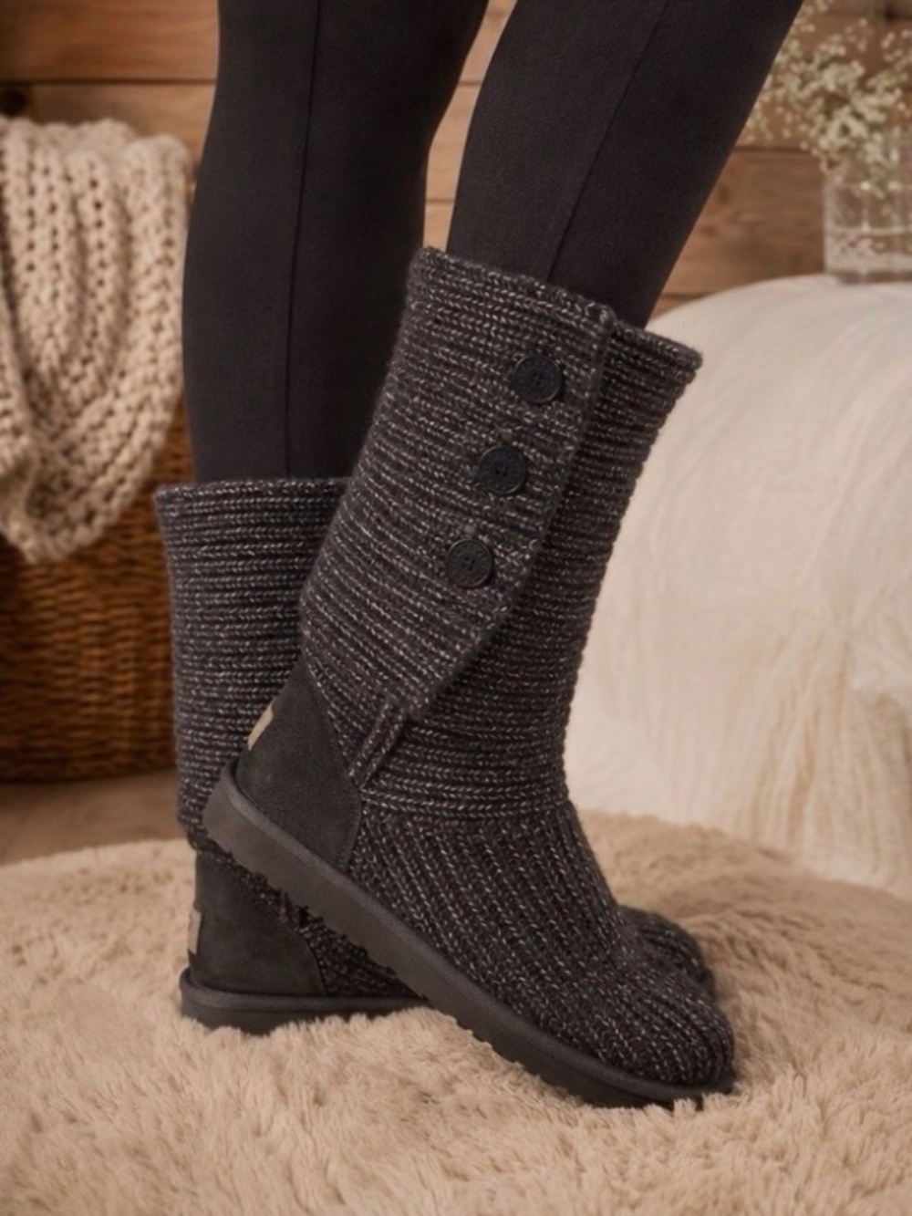 UGG Australia Cardy Knit Button m Knee High Sweater Boots Foldable Gray Womens 9